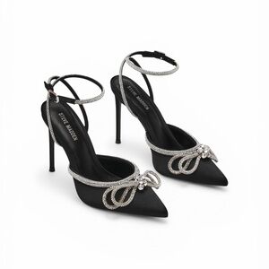 Steve Madden Black Satin Pointed Toe Ankle-Strap Heels with Crystal Bow